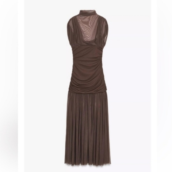 Zara Brown Draped Maxi Dress with Sheer Skirt - Picture 14 of 16